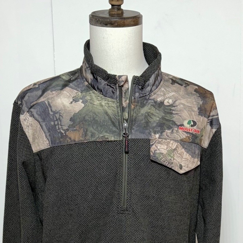 Mossy Oak 1/4 Zip Pullover Men XL Black Gray Camo Pocket Long Sleeve Hunting